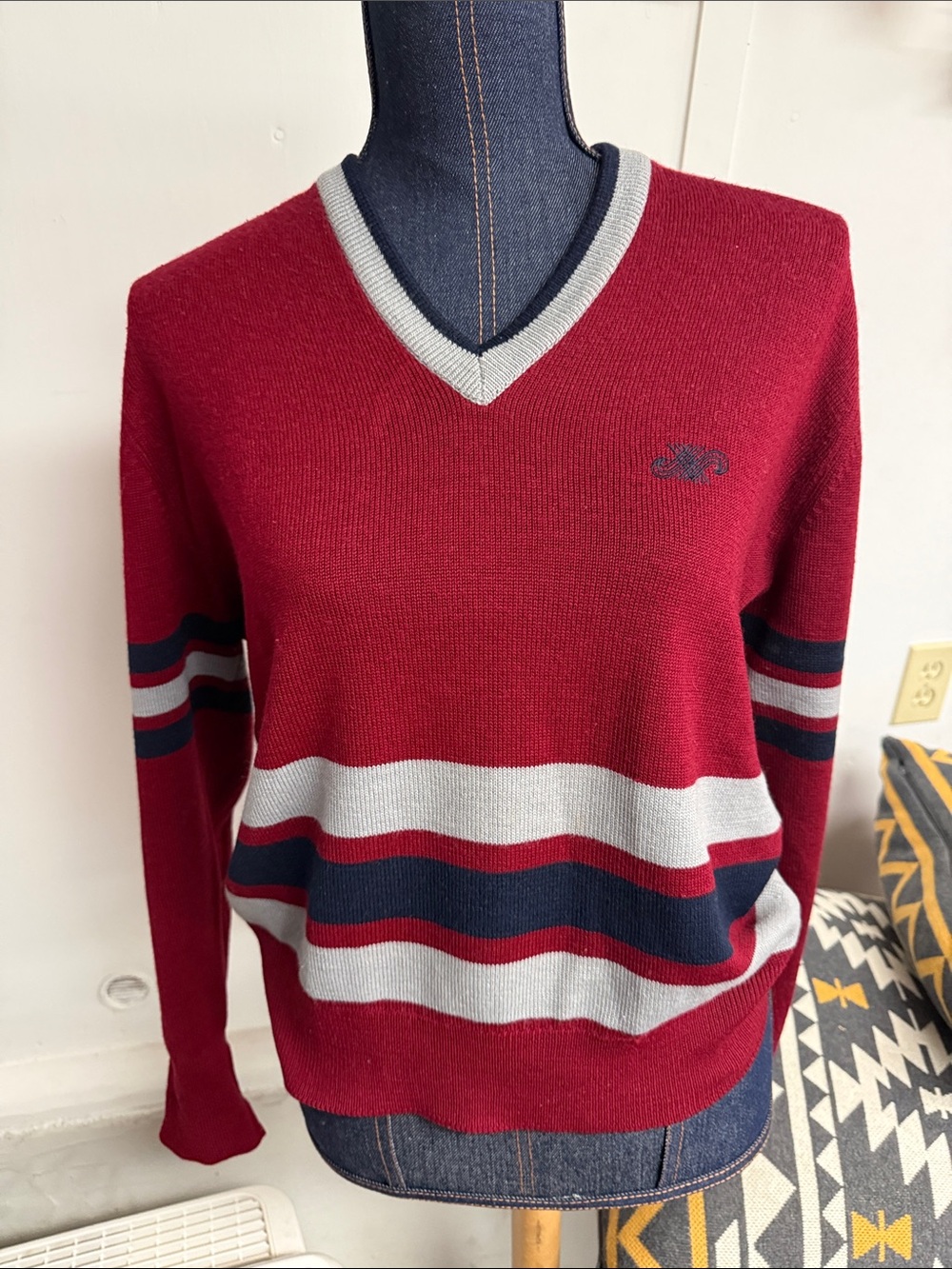 Jaeger Vintage V-Neck Stripe Sweater in Burgundy and Navy